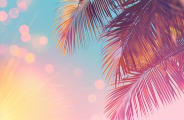 Obraz premium Abstract sunset sky cloud background with tropical palm tree and colorful bokeh sun light.
