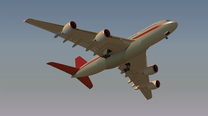 A four-engine passenger plane is flying. Vector.