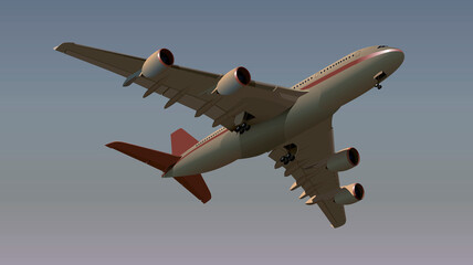 A four-engine passenger plane is flying. Vector.