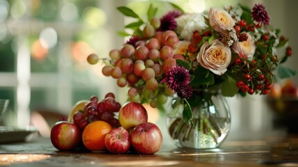 A vibrant and artistic arrangement of a bouquet with roses, dahlias, and fruits like apples and grapes placed on a wooden table, emanating freshness and beauty indoors.