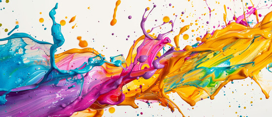 Colorful Paint Splashes In Mid-Air On A White Background