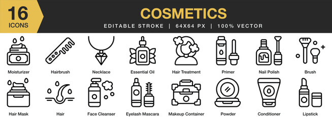 Set of 16 Cosmetics icon set. Editable Stroke Icon Collection. Includes brush, conditioner, eyelash mascara, face cleanser, lipstick, nail polish, and More. Outline icons vector collection.