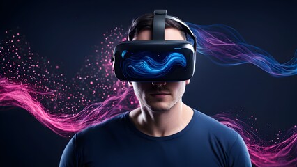 Man wearing VR glass with digital blue and pink abstract wave and dot dark background
