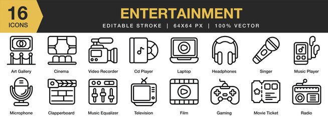 Set of 16 Entertainment icon set. Editable Stroke Icon Collection. Includes art gallery, cd player, movie ticket, television, music equaliser, and More. Outline icons vector collection.
