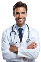 Fototapeta premium A dentist, pediatrician, surgeon holds a stethoscope and smiles confidently, isolated background