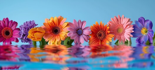 An abstract background with colorful flowers and their reflections on a mirror with a blue sky in the background