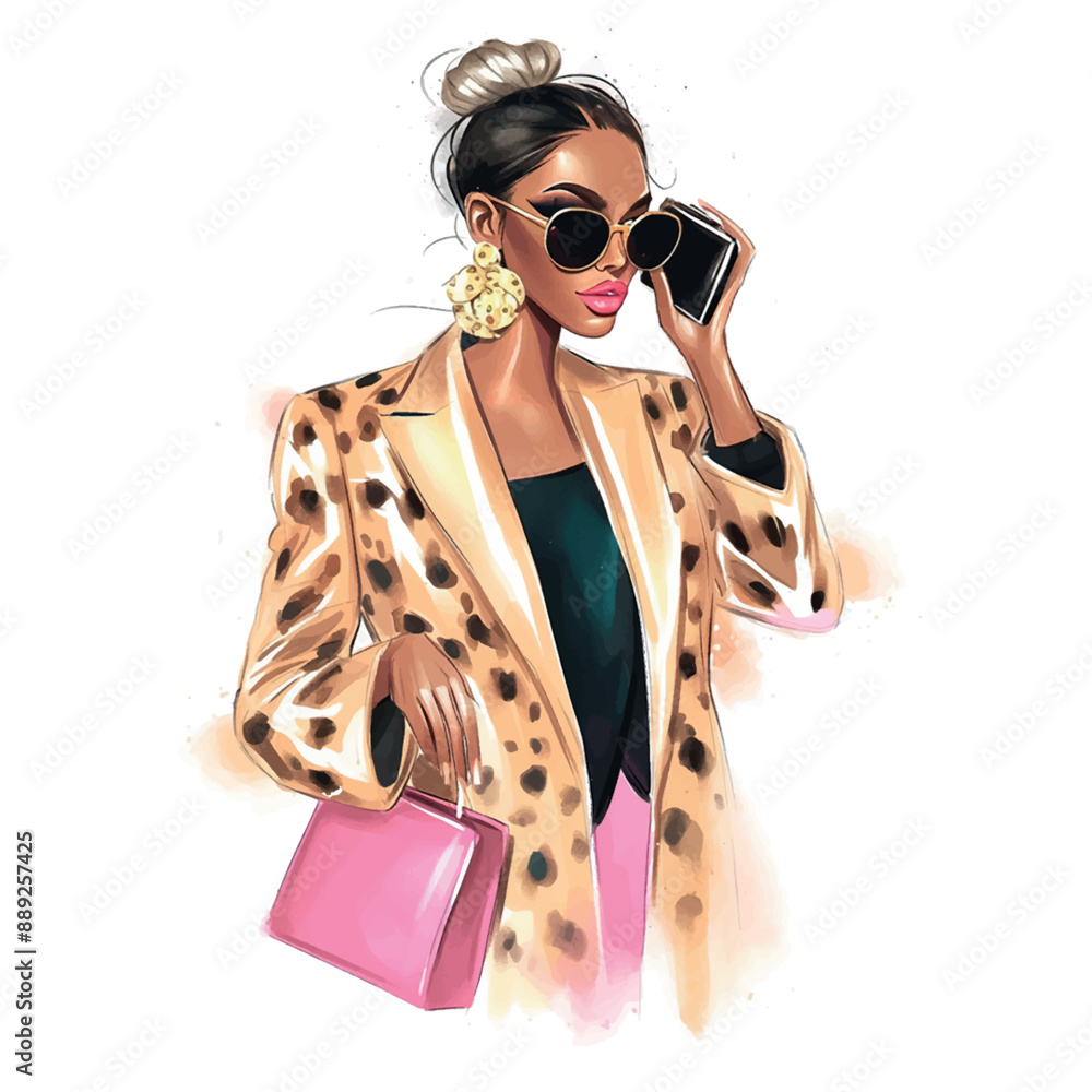 Poster A woman in a pink jacket is talking on her cell phone. She is wearing sunglasses and has a handbag