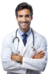 Fototapeta premium A dentist, pediatrician, surgeon holds a stethoscope and smiles confidently, isolated background