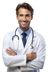 Fototapeta premium A dentist, pediatrician, surgeon holds a stethoscope and smiles confidently, isolated background