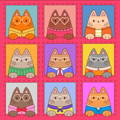 A wall with portraits of cats with glasses, dressed in various beautiful clothes. Illustration of cute cartoon animal portraits framed. Vector illustration in flat style