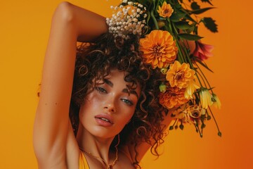 A woman wearing a colorful arrangement of flowers on her head, perhaps for a cultural or festive occasion