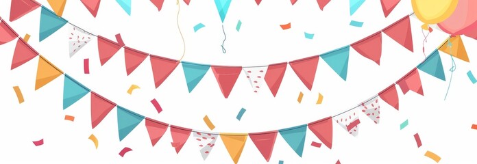 An illustration of a festive flag garland with bright colors for birthday celebrations, festivals, and fairs. These colorful party pennants are available in a range of colors and designs.