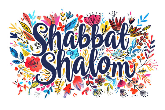 Shabbat Shalom or Shabbat of peace in Hebrew. Hand written text on colorful background with a lot of leaves and flowers. Hand lettering typography for greeting card, banner, decoration, poster.