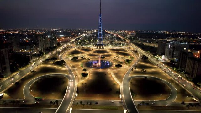 Night City At Brasilia Federal District Brazil. Amazing Skysrapers And Traffic On Street Viewed From Above. Building Landscape High Rise Building Vibrant.