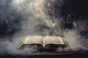 Open bible surrounded by mystical smoke on black background