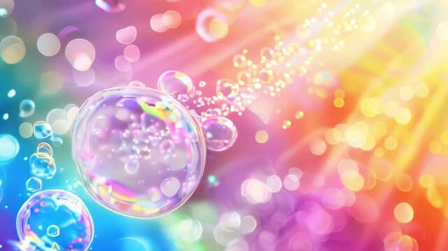  soap bubbles fly in the air on a rainbow background turning into a pink peach background with free space on the right