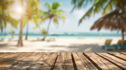 Fototapeta premium Tabletop wooden bar with blurred beautiful beach scene background, coconut leaves product display mockup for summer daytime in the kitchen, clean wood desk board on natural page : stock photo