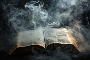 Open bible with smoke rising in a dark background