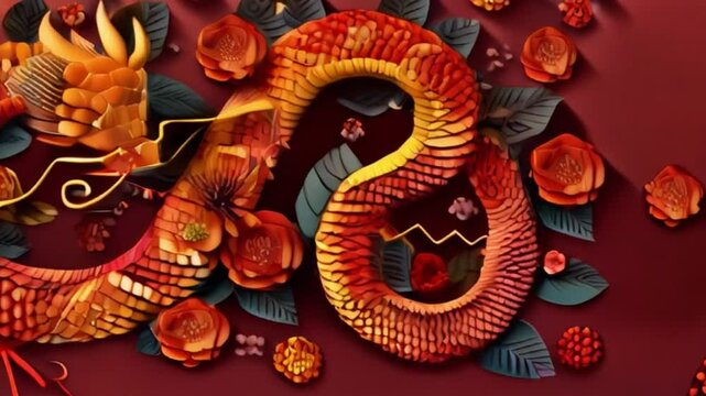 bright greeting card for the new year 2025 with the symbol of a tree snake according to the Chinese Oriental calendar on a red background with red flowers voluminous paper