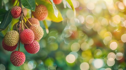Close up of litchi fruits hanging on a tree in a garden