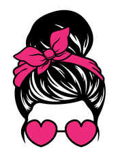 Mom life | Hair Style | Beautiful Face | Fashion Mom | Woman with Heart Glasses | Pink Hair Bun | Pink Heart Glasses | Messy Bun Hair | Original Illustration | Vector and Clipart | Cutfile and Stencil