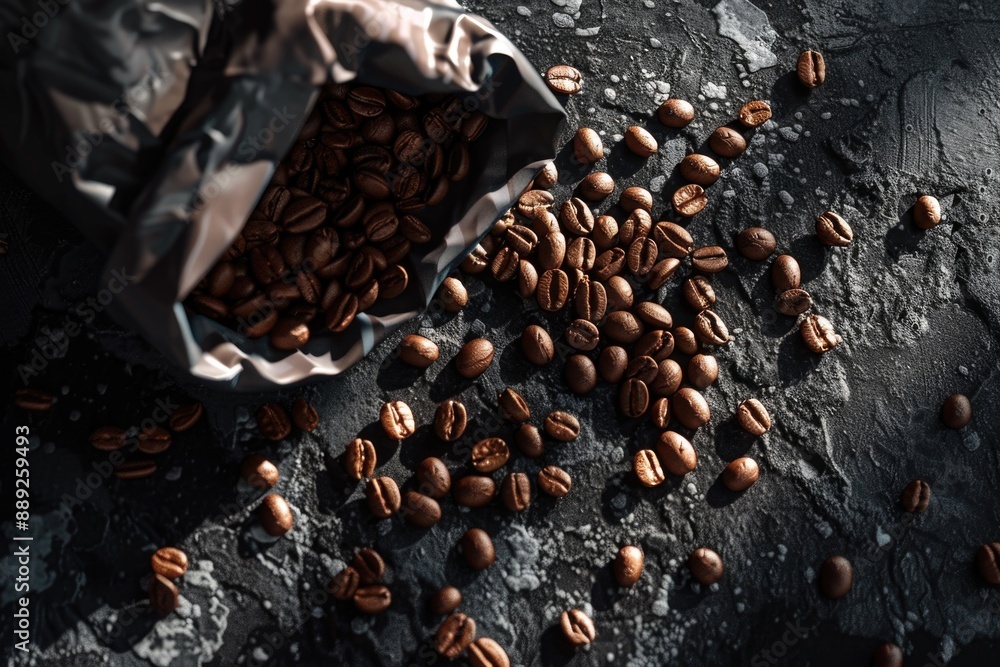 Poster a bag of coffee beans placed on a table with a rustic or vintage background
