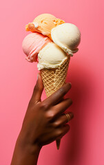Ice cream, summer concept. Hand holding Ice cream with waffle cone, scoops on bright vibrant color pastel solid background. Summer creative layout, ice cream minimal fashion idea. Realistic photo