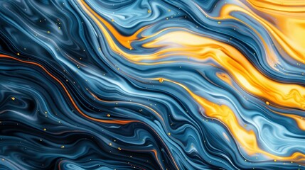 Digital illustration of fluid waves in metallic blue and orange, creating a dynamic, organic pattern.