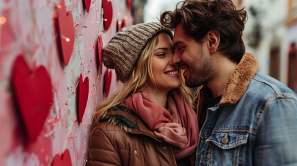 Couple for Valentine's Day looking happy with smiles on their face, red background