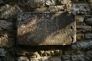 A close-up of a weathered metal sign attached to a stone wall, with moss and lichen growing around it