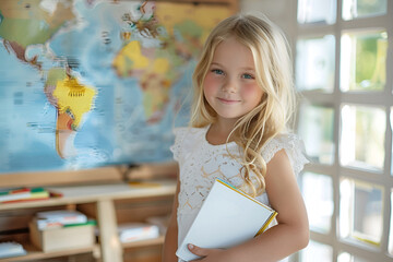 Schoolgirl holding a book in a classroom with a world map in the background