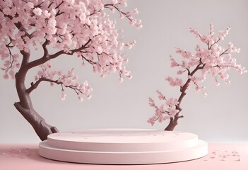 Minimal style cylinder pink product podium showcase with cherry blossom tree or "Sakura" in Japanese language at public garden. Technology and object concept. 3D illustration rendering