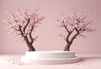 Minimal style cylinder pink product podium showcase with cherry blossom tree or "Sakura" in Japanese language at public garden. Technology and object concept. 3D illustration rendering
