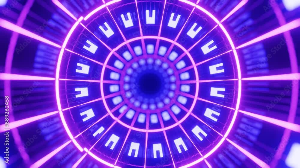 Poster round holographic structures. fly through mirror tunnel with neon pattern, glow lines form sci fi pa