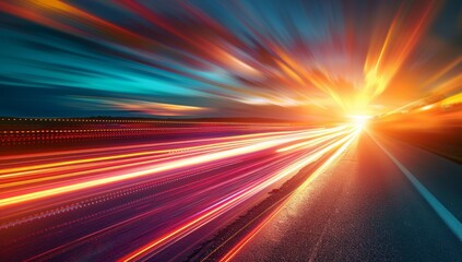 Colorful light trails on a highway at sunset
