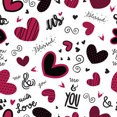 Cute doodle style hearts seamless vector pattern.  Handwritten background. Marker drawn different heart shapes and silhouettes. Hand drawn ornament. 