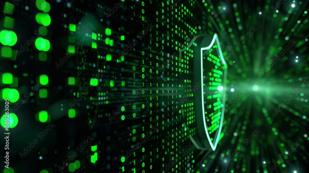 Poster a glowing, digital shield stands prominently in a swirling, binary code background. green lights and