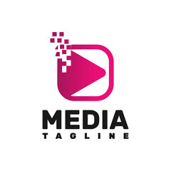 This is a logo for a media company. The logo is a stylized play button. The button is made up of pixels.