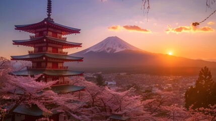 Beautiful view of mount Fuji and Chureito pagoda at sunset, in spring with cherry blossoms in japan. Ai generated