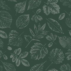 Seamless pattern with skeletonized autumn leaves of different shapes and sizes on a gray-green background. For fabric, cover, packaging, wallpaper.