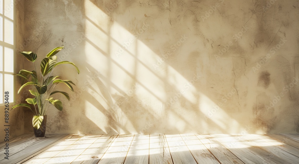 Poster the background is a minimal product placement background with palm shadow on a beige plaster wall. t