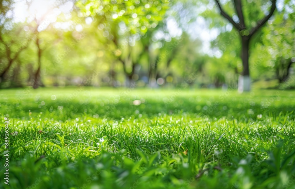 Poster a blurred background image of spring nature with a neatly trimmed lawn surrounded by trees against a