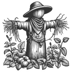 Fototapeta premium scarecrow standing in a garden with pumpkins and plants, rustic and classic scene sketch engraving generative ai fictional character vector illustration. Scratch board imitation. Black and white image
