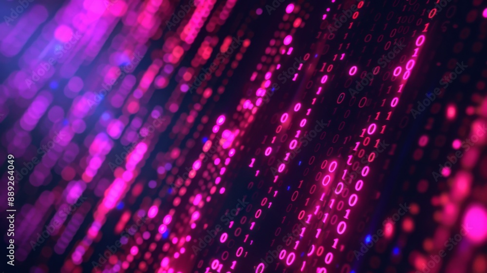Poster Abstract digital background featuring pink binary code with blurred light effects in the background.