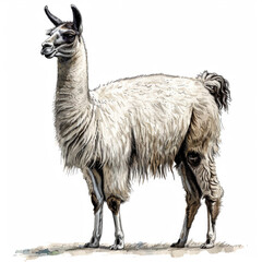 Fototapeta premium V4 llama, whole body of a llama, illustration, drawing, on a white background, peru