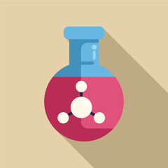 Laboratory glassware containing a red chemical substance is shown with a molecule symbol