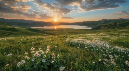 Scenic view of a mountain valley with a lake and a blooming flower field