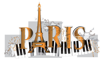 Design with lettering Paris and the Eiffel tower, musicians and a firework. Hand drawn vector illustration. © Anna Laifalight