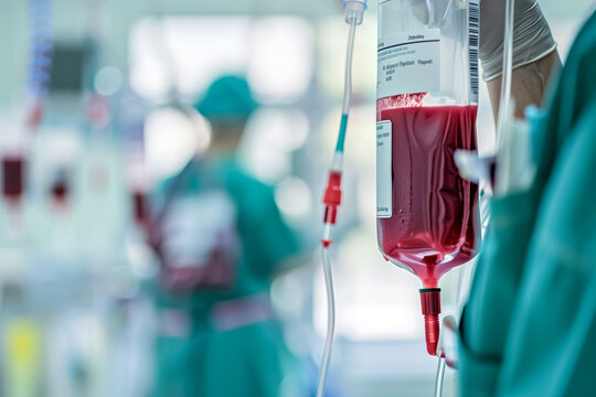A blood bag in a hospital setting, with medical staff in the background, emphasizes the critical role of blood donation in healthcare and saving lives - Powered by Adobe