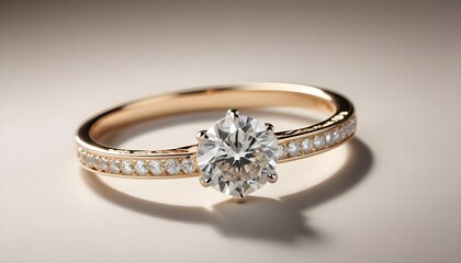 Artistic close-up photograph of a dazzling diamond ring elegantly displayed on a simple, muted-tone table surface, perfect for luxury product or jewelry brand promotions